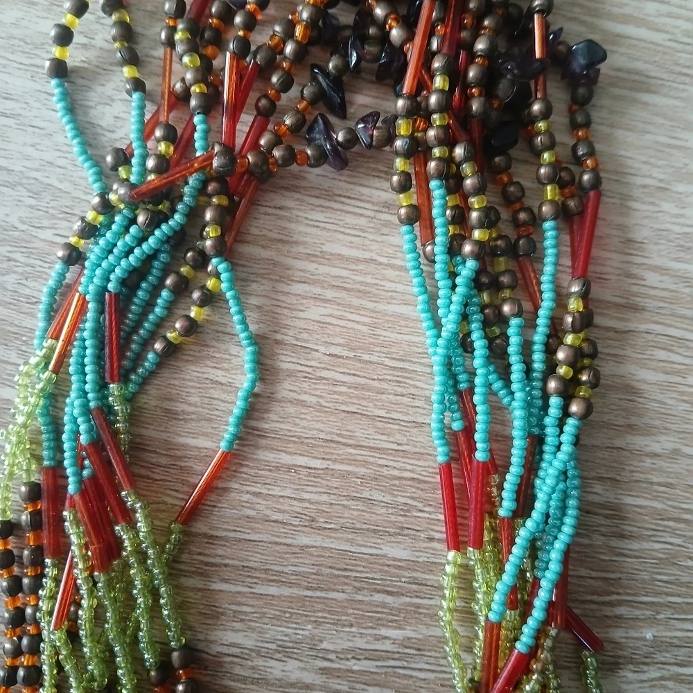 Colorful Peyote Multi-Stand Seed Bead Bohemian Necklace Native American Artistic